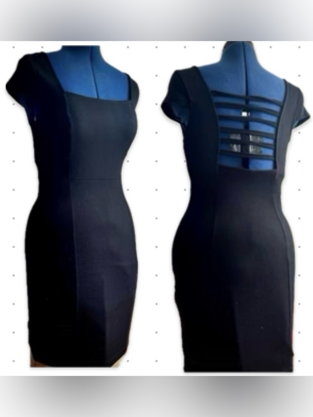 Black Form Fitting Dress with Cap Sleeves and Strappy Cut Out Back